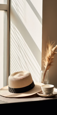 a hat sits on a viscose table, bathed in natural light from a nearby window. this minimalistic japanese-inspired scene showcases a blend of black and beige tones. the still life composition exudes a whimsical ambiance, with sparse and simple elements. captured by an interior design photographer using a canon eos r5, the photo boasts intricate details and a touch of film grain, creating a cinemotographicの素材
