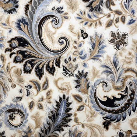 a stunning photo featuring a beautiful background adorned with paisley patterns in shades of blue. the design is executed in a style that combines light beige and black, reminiscent of porcelain. the image showcases the artistic touch of franois boquet, with hints of dark silver and light gold adding a touch of elegance. the use of living materials and metallic rotation by wiesaw wakuski addsの素材