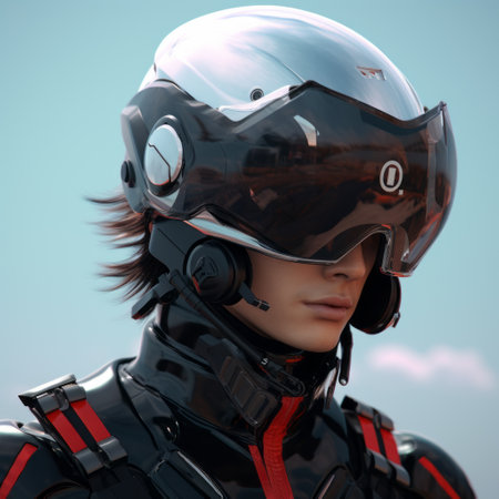 young person wearing a helmet and armor in a 3d model, inspired by the styles of jessica rossier, masamune shirow, and scarlett hooft graafland. the model features photorealistic detailing and graphics reminiscent of neogeo, outrun, and xbox 360. ai generatedの素材