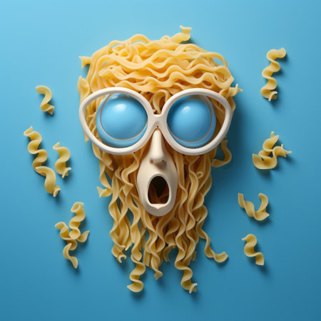 a photo of a spaghetti and pasta 3d art piece is captured in this national geographic-style image. the art showcases expressive character design with dynamic and exaggerated facial expressions. the color palette consists of dark sky-blue and light beige, creating a visually striking contrast. the artwork incorporates references to celebrity and pop culture, resulting in an organic chaos with a touch of foampunk aesthetic. aiの素材