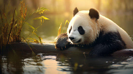 a panda bear gracefully swims on top of a branch in an aquarium, surrounded by a golden light that enhances the beauty of the scene. the image captures the essence of rural china with its soft and romantic landscapes. the intense gaze of the panda and the depiction of animals create an explosive wildlife experience. ai generatedの素材