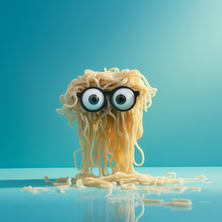 a photo capturing a bowl of noodles with a unique twist. the noodles resemble shiny eyes, adding a quirky and cartoonish touch to the image. this national geographic-style photo showcases ultra-detailed features, highlighting the bombacore and tumblewave elements. the noodles seem to be undergoing chemical reactions, creating a visually captivating scene. ai generatedの素材