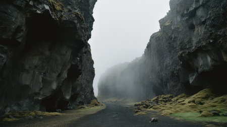 iceland photographer capturing soft atmospheric perspective with a smokey background. shot with a nikon d750 and carl zeiss distagon t 15mm f/2.8 ze lens, this photo showcases the rough gesturalism style. for stunning photography, visit this place. ai generatedの素材