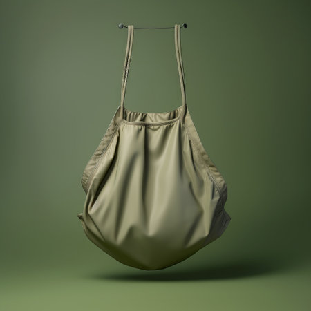 a green canvas handbag is showcased in this stock photo against a dark background. the handbag, designed in the style of zbrush, exudes playful minimalism with its loose forms and oversized shape. the realistic hyperrealism of the bag adds to its appeal, while the rounded edges give it a soft and inviting look. ai generatedの素材