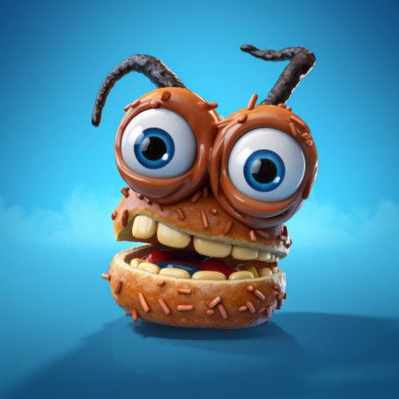 a satirical caricature of a cartoon insect with big teeth and big eyes, created in the style of daz3d. this berrypunk-inspired character features a sky-blue and brown color scheme, with layered textures and shapes. the emotionally charged portraits add depth to this unique and eye-catching mcdonaldpunk creation. ai generatedの素材