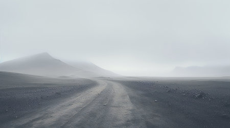 a dirt road winds through a foggy mountainous landscape, showcasing the style of conceptual minimalism. the image features a palette of light gray and light black, evoking muted seascapes and alien worlds. captured with a rollei prego 90, the photo offers a post-apocalyptic backdrop, enhanced by the technique of focus stacking. ai generatedの素材