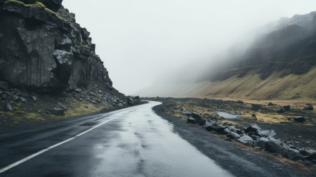 a stunning photograph capturing a majestic waterfall in iceland, framed by a small black asphalt path leading towards the unseen horizon. the scene is enveloped in a thick white fog, creating an ethereal atmosphere. shot with a 35mm lens, this 4k raw image showcases the beauty of nature in a 6:3 aspect ratio. ai generatedの素材