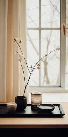 a minimalistic japanese-style table in black and beige is placed next to a window, creating a whimsical ambiance. the still life composition is sparse and simple, with subtle and whimsical folk-inspired elements. this captivating photo, captured by an interior design photographer using a canon eos r5, showcases the intricate details of the objects. the film grain and cinemotographic quality add a realistic and visually stunningの素材