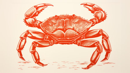 red crab doodle on the beach, featuring a realistic and hyper-detailed rendering. this bold block print showcases minimal retouching, providing a unique visual experience. with its 8k resolution, the image captures every intricate detail. inspired by american prints from 1880-1950, the light orange hues add a touch of warmth. perfect for editorial illustrations. ai generatedの素材