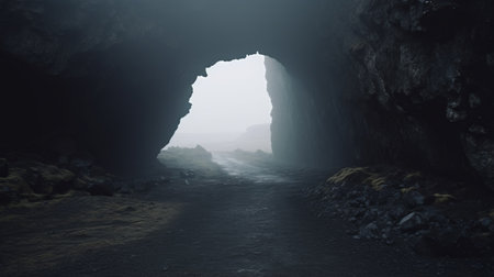 a rocky hillside with a dark cave nearby, featuring an ethereal atmosphere and arched doorways. the soft atmospheric perspective and misty atmosphere create a captivating scene. this stunning photography installation by even mehl amundsen is captured in mesmerizing 8k resolution, showcasing the intricate details of the landscape. ai generatedの素材