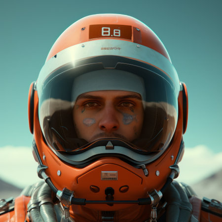 an orange astronaut's coat, paired with a white shirt and space helmet, is depicted in this emotive portrait. created using the techniques of matte painting and bryce 3d, the image captures the essence of outrun, cinematic stills, bugcore, and hyper-realistic water. ai generatedの素材
