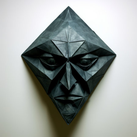 a photo of an origami face mask by johana gnatowski, featuring chiaroscuro portraitures and precisionist lines. this large-scale sculpture draws inspiration from benin art, with its dark tonalities and gloomy atmosphere. the intricate folds and details create a captivating trick of the eye, making it a unique and visually striking piece. ai generatedの素材