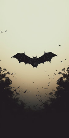 a bat gracefully glides through a forest of trees, captured in a captivating black and white silhouette. the image showcases a realistic color scheme with dark and foreboding tones, reminiscent of heistcore aesthetics. the bat's flight is beautifully rendered, while the overall composition exudes simplicity and is enhanced by vibrant colors. this high-definition image is a stunning example of nature's beauty. ai generatedの素材