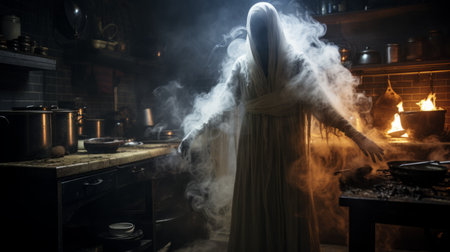 a ghostly figure dressed in a white snow outfit stands amidst swirling smoke, reminiscent of lively tavern scenes. this ethereal horror-inspired photo captures a tenebrous atmosphere, akin to a national geographic exploration. with its rtx on, the image showcases intricate details of a kitchen still life, adding an eerie touch to the overall composition. ai generatedの素材