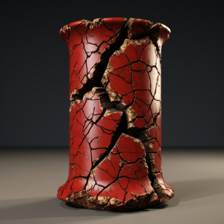 a broken red ceramic vase, rendered in a realistic and hyper-detailed style, featuring dark gold and red hues. this free image showcases an artistic representation of a cracked vase, created using intel core technology and chalk. the tondo format adds a unique touch to this realistic anamorphic art piece. ai generatedの素材
