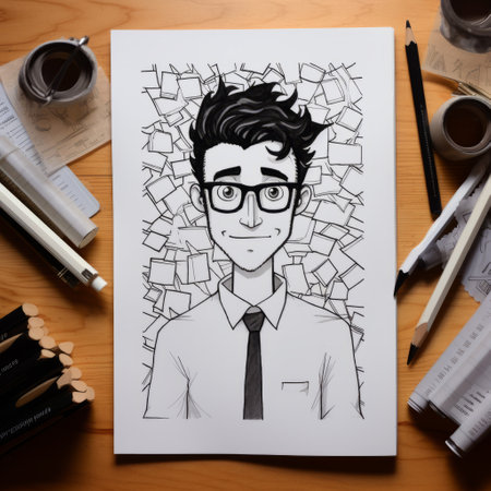 a detailed character illustration of a man wearing glasses and a tie, holding a pen and pencil. this drawing is done in the style of alena aenami's ink wash collages and clay mann's studyplace. the cartoon-inspired pop art adds a unique touch to the image, creating a cracked effect. ai generatedの素材