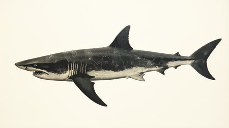 a print of a shark swimming against a low-angle background, in the style of calotype. the image features a dark white and gray color scheme with striated resin veins. it has a resolution of 3840x2160 and showcases sparse, angular linework. the high-quality 8k resolution enhances the details of the artwork. ai generatedの素材