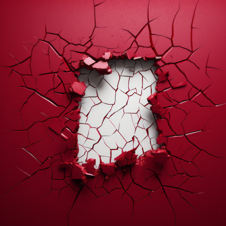 a large hole in a cracked red door, rendered in cinema4d, showcases fragmented advertising and wallpaper. this unique artwork, inspired by valentine penrose, captures realistic attention to detail. explore this captivating image on flickr, where the cutripped elements add an intriguing touch. ai generatedの素材