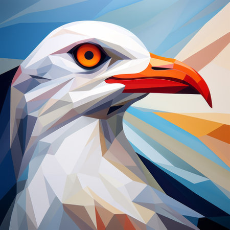 a colorful white seagull with an orange beak is depicted in this image. the seagull is portrayed in a futuristic geometric abstraction style, showcasing realistic hyper-detailed portraits. the artwork also incorporates elements of superflat style, precisionist techniques, and detailed wildlife representation. the image captures the beauty of the seagull while incorporating flickr, crystalline, and geological forms. ai generatedの素材