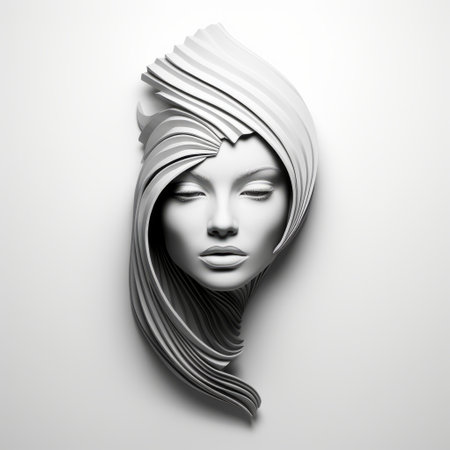 a 3d illustration of a woman's head, resembling sculptural reliefs and luxurious wall hangings. the artwork exudes a sense of monochromatic serenity with its multidimensional layers. inspired by ceramic street art and the works of serge marshennikov, this piece stands out as a contest winner. ai generatedの素材