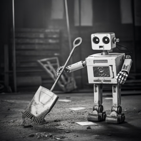 a robot stands beside a broom in an abandoned garage, showcasing a black and white imagery that exudes a sense of working-class empathy. the vintage aesthetic adds a nostalgic touch to this webcore-inspired composition. this collage masterfully combines elements of engineering, construction, and design, resulting in a captivating code-based creation. ai generatedの素材