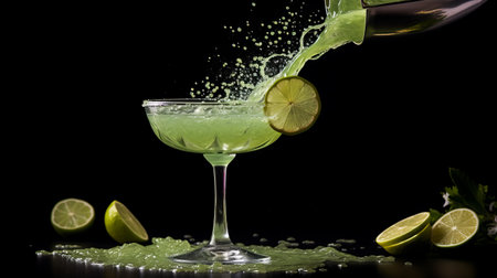 a lime margarita is being poured into a glass with a straw, captured in the style of dark compositions and luxurious textures reminiscent of the dusseldorf school of photography. this traditional vietnamese drink, beautifully photographed by monia merlo, is showcased through jump cuts in this high-definition image. ai generatedの素材