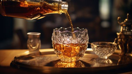 a glass is being filled with liquid on a tray, showcasing warm tones and a luxurious opulence. the use of vray tracing and photo-realistic techniques creates a rich and immersive visual experience. the yankeecore aesthetic is evident in the textural and layered composition of the photo. ai generatedの素材