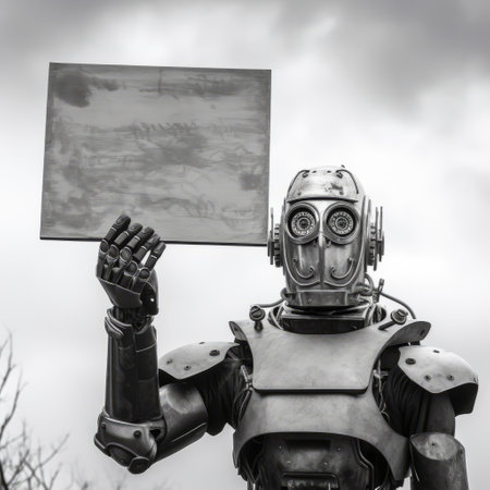 a robot with a strong facial expression holds a sign in its hands against post-apocalyptic backdrops, captured in the distinctive black and white photography style reminiscent of classical historical genre scenes. this national geographic photo, available under creative commons attribution, showcases the fusion of futuristic cloudpunk aesthetics with a touch of vintage allure. ai generatedの素材