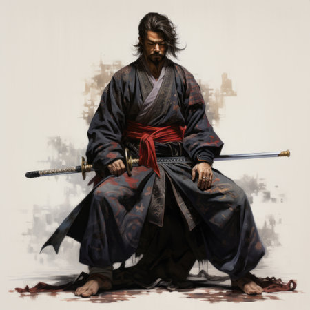 a samurai man, inspired by the style of tran nguyen and yoji shinkawa's concept art, stands on a wooden platform. he holds two swords, his detailed character expressions reflecting a pensive mood. the image, captured by ray donley, showcases the samurai's presence and skill in a low-resolution format. ai generatedの素材