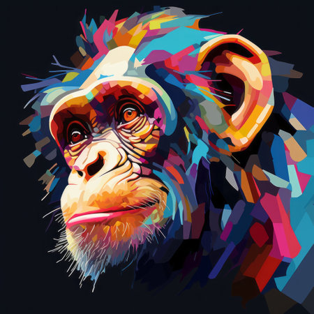 a colorful chimpanzee head, painted in vibrant color gradients, stands out against a black background. the artwork, inspired by the styles of josef kote and alena aenami, features detailed background elements and an angular composition. this 32k uhd strip painting showcases the artist's skill in merging vibrant colors and intricate details. ai generatedの素材