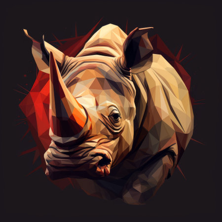 the illustration showcases the head and horns of a rhino in the style of crystal cubism. the colors used are dark red and light amber, creating a realistic portrayal of light and shadow. the artwork also incorporates nature-inspired camouflage. set against a black background, the rhino's features are depicted in dark white and light bronze tones. ai generatedの素材