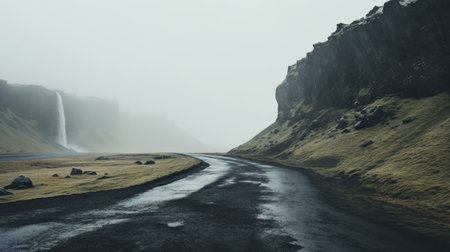 foggy road with waterfall in iceland, captured in high definition wallpapers. this photo showcases the beauty of nature with a touch of analogue filmmaking style. the dark gray and light cyan tones create a moody atmosphere, while the flattened perspective adds depth. the post-apocalyptic backdrops add an intriguing element to the scene, making it both sparse and simple. shot with a rollei prego 90, theの素材