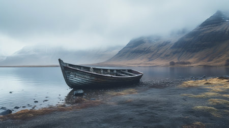 an old boat rests on the tranquil shore of a norwegian lake, surrounded by a dark and foreboding landscape. this adventure-themed photo captures the essence of kahlil gibran's romantic landscapes, with layered imagery and subtle irony. the soft-focus portrait of the boat adds to the mystique of the scene, inviting viewers to embark on a journey through the norwegian nature. ai generatedの素材