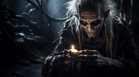a skeleton, in the style of epic fantasy scenes, lights a candle amidst the captivating norwegian nature. this intriguingly taboo image showcases the detailed character expressions and bold use of line, creating a visually striking composition. the creased atmosphere adds an extra layer of mystery to this captivating photograph. ai generatedの素材