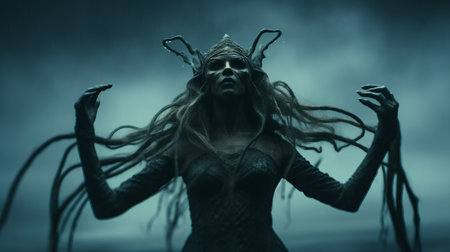 a woman with wings is portrayed in a dark, long flowing dress adorned with horns. this captivating image, rendered in cinema4d by mikko lagerstedt, showcases the ethereal beauty of eve ventrue. the dress, made of intertwining vines, adds a touch of nature to the scene. the color palette of dark silver and teal creates a mysterious and enchanting atmosphere. ai generatedの素材