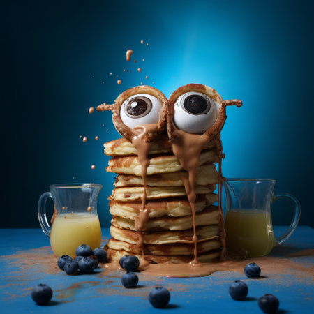 two small pancakes, creatively stacked on top of each other, create a surrealistic portrait. this inventive character design resembles a national geographic photo, with its eye-catching combination of brown and blue hues. the captivating image is enhanced by the use of unreal engine, resulting in a visually stunning composition. ai generatedの素材