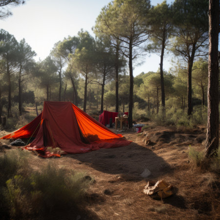 tarp and tent bask in the warm mediterranean sunlight, surrounded by a picturesque woodland setting. captured with the samyang 14mm f2.8 if ed umc aspherical lens, the image showcases vibrant hues of light red and orange. the composition exudes a sense of action and adventure, perfectly embodying the wild and daring essence of cabincore aesthetics. ai generatedの素材