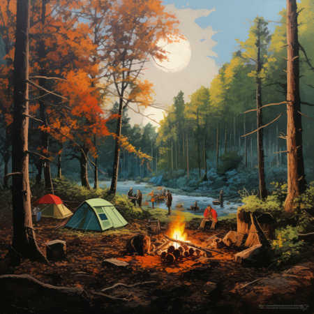 a campcore-style painting depicting a tranquil scene with a mesmerizing fire. this realistic and hyper-detailed rendering captures the essence of classic americana with vibrant colors in nature. the dark teal hues add a touch of mystery to this adventure-themed artwork. ai generatedの素材