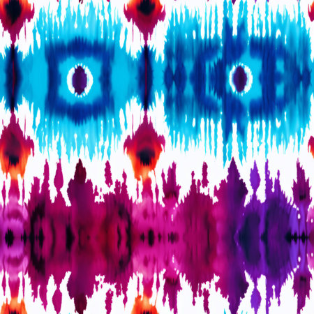 a blue and purple patterned tile abstracted onto a white wall, resembling a motion blur panorama. the design incorporates elements of light crimson and turquoise, symbolist watercolors, shiny eyes, conceptual embroideries, zigzags, and psychedelic illustration. ai generatedの素材