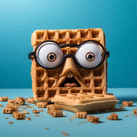 a waffle, adorned with a cereal waffle art illustration, takes center stage in this surrealistic and inventive photograph. created in the style of contemporary realist portrait photography, the image showcases playful and ironic character designs. rendered in cinema4d, the uhd image features a captivating blend of brown and blue tones. ai generatedの素材