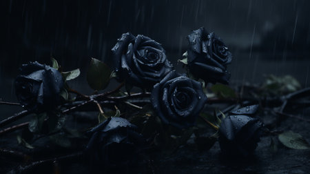 dark black flowers in the rain, accompanied by a branch, create a hauntingly beautiful scene. rendered in the style of octane render, this image captures the essence of dark and spooky themes. the deep indigo and black hues add to the mysterious atmosphere. this monochromatic artwork, captured with the sony alpha a7 iii, evokes a sense of gothic romance. ai generatedの素材