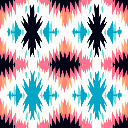 a mesmerizing navajo handpainted woven pattern fabric by blackstardesign on spoonflower custom fabric. this fabric showcases a vibrant combination of red, pink, blue, green, and white colors, reminiscent of mesoamerican influences. the dark turquoise and light black layered forms and faceted shapes create a calming effect. perfect for screen printing projects. ai generatedの素材