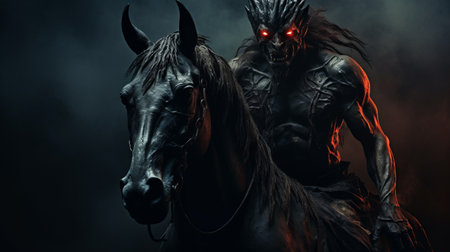 a dark demon, portrayed in the style of dramatic lighting effects, sits atop a horse on a foggy night. the twisted characters and intense lighting and shadow create an eerie atmosphere. this epic portraiture, created by slawomir maniak and klaus pillon, showcases the demon in dark silver and red tones. ai generatedの素材