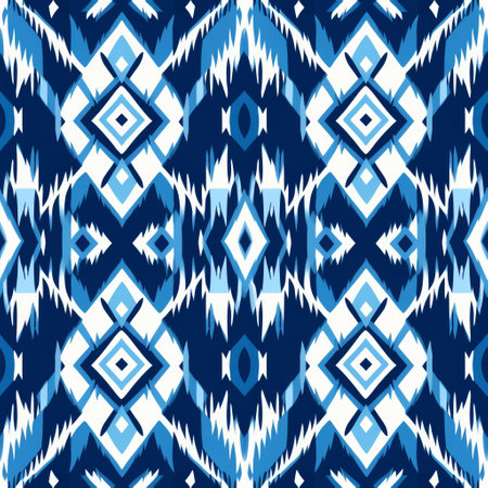 a photo of a colorful pattern featuring blue and white hues. this modern tribal vector seamless pattern draws inspiration from himalayan art, with jagged edges and a mix of dark white and light indigo shades. the design showcases multilayered dimensions and incorporates ethnographic influences. the traditional color scheme includes dark navy and sky-blue tones. ai generatedの素材