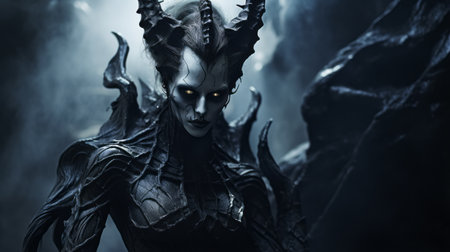 a close-up image of a maleficent character with large horns, rendered in the style of anton semenov and jessica rossier using unreal engine. the intense expression and tabletop photography highlight the burned and charred details, creating a futuristic and sci-fi atmosphere. ai generatedの素材