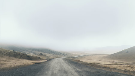a foggy road winds through majestic mountain landscapes, creating a serene and ethereal atmosphere. the sparse background, soft and muted tones, along with the 8k resolution, enhance the beauty of this staged photograph captured by even mehl amundsen on 70mm film. the gray and brown hues add a touch of tranquility to the scene. ai generatedの素材