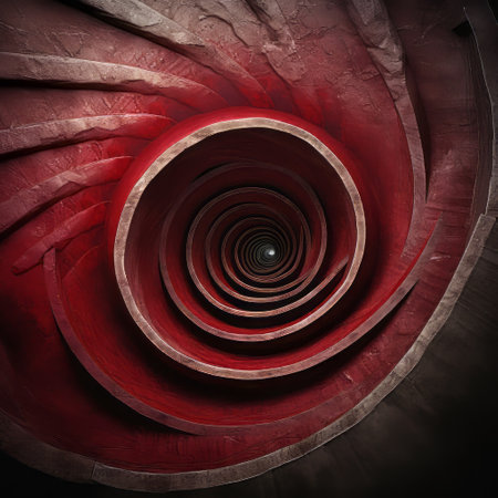a heavily textured, futuristic victorian spiral with realistic forms in dark crimson, featuring a captivating blend of red and yellow colors on the outside. this mesmerizing artwork, captured with a canon eos 5d mark iv, showcases the moody tonalism style and can be found on flickr. ai generatedの素材