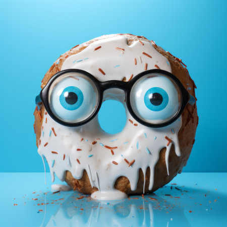 a white donut, iced with frosting, stands out in this surrealistic-inspired photograph. the object portraiture specialist captures the donut in a playful cartoon-like manner, with dark amber and sky-blue tones. the composition is eye-catching, reminiscent of destroyed gadgets sculptures found on flickr. ai generatedの素材