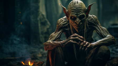 an old man with a dark horn sits by a fire, showcasing the atmospheric effects and detailed costumes of goblin academia. the image captures a blend of dark red and light green tones, while the emotive body language adds depth to the scene. the sharp focus highlights the essence of frogcore. ai generatedの素材