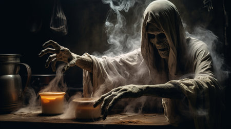 a creepy ghost lurks behind a burning candle in this captivating kitchen still life photo. the misty and epic fantasy scene is enhanced by emotive gestures and expressions. this haunting image is reminiscent of bone-chilling documentary photos that leave a lasting impression. ai generatedの素材